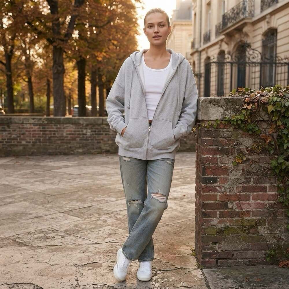 Brandy Melville One Size Womens Full Zip Oversized Gray Sweatshirt Hoodie